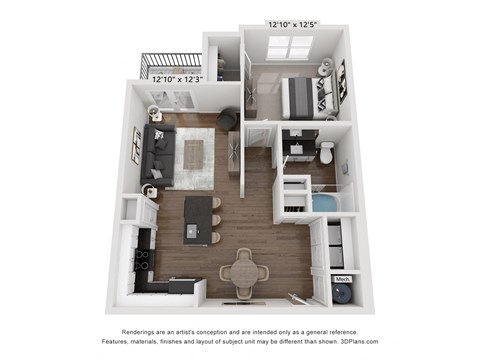 a stylized floor plan with a bedroom and a living room